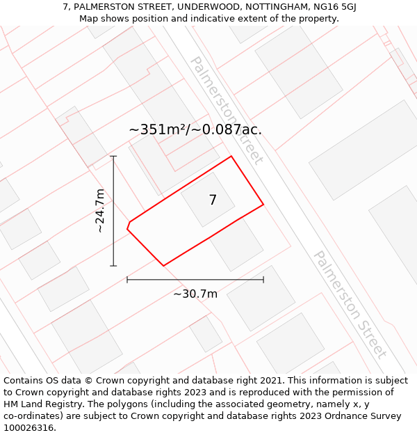 7, PALMERSTON STREET, UNDERWOOD, NOTTINGHAM, NG16 5GJ: Plot and title map