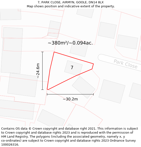 7, PARK CLOSE, AIRMYN, GOOLE, DN14 8LX: Plot and title map