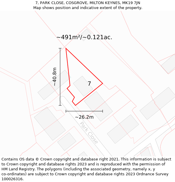 7, PARK CLOSE, COSGROVE, MILTON KEYNES, MK19 7JN: Plot and title map