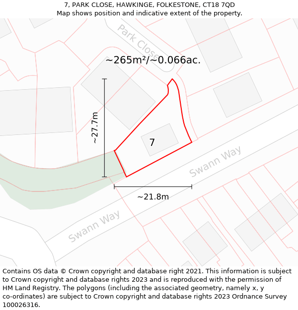 7, PARK CLOSE, HAWKINGE, FOLKESTONE, CT18 7QD: Plot and title map