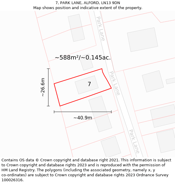 7, PARK LANE, ALFORD, LN13 9DN: Plot and title map