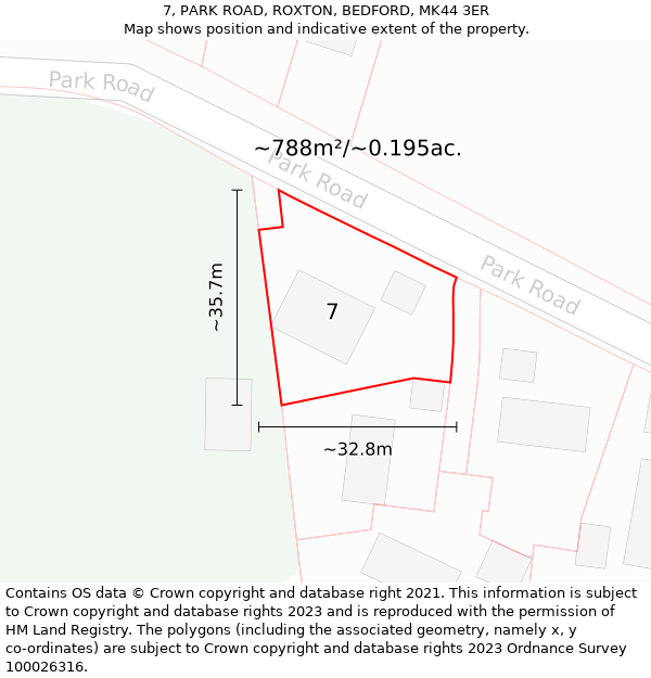 7, PARK ROAD, ROXTON, BEDFORD, MK44 3ER: Plot and title map