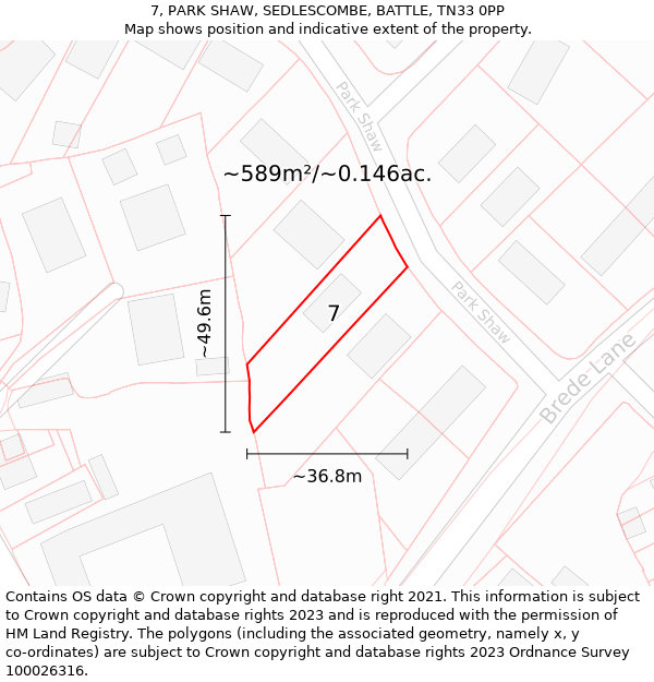 7, PARK SHAW, SEDLESCOMBE, BATTLE, TN33 0PP: Plot and title map