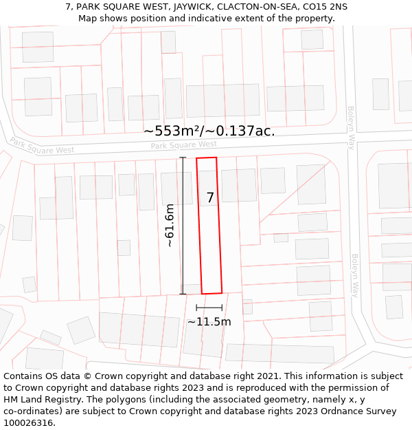 7, PARK SQUARE WEST, JAYWICK, CLACTON-ON-SEA, CO15 2NS: Plot and title map