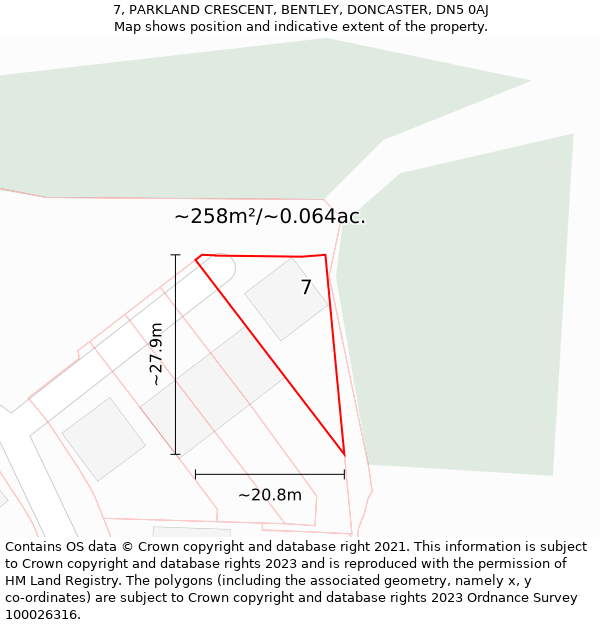 7, PARKLAND CRESCENT, BENTLEY, DONCASTER, DN5 0AJ: Plot and title map