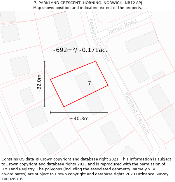 7, PARKLAND CRESCENT, HORNING, NORWICH, NR12 8PJ: Plot and title map