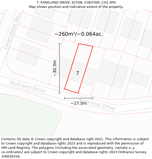 7, PARKLAND DRIVE, ELTON, CHESTER, CH2 4PG: Plot and title map