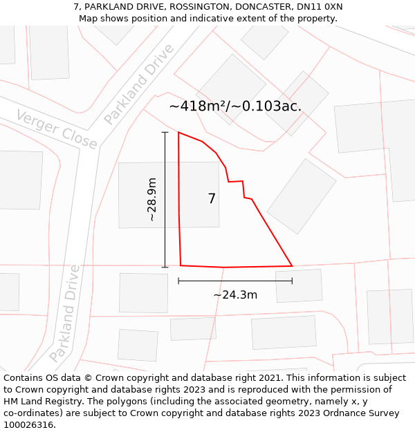 7, PARKLAND DRIVE, ROSSINGTON, DONCASTER, DN11 0XN: Plot and title map