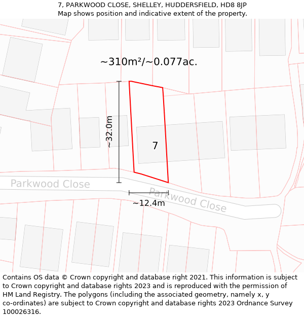 7, PARKWOOD CLOSE, SHELLEY, HUDDERSFIELD, HD8 8JP: Plot and title map