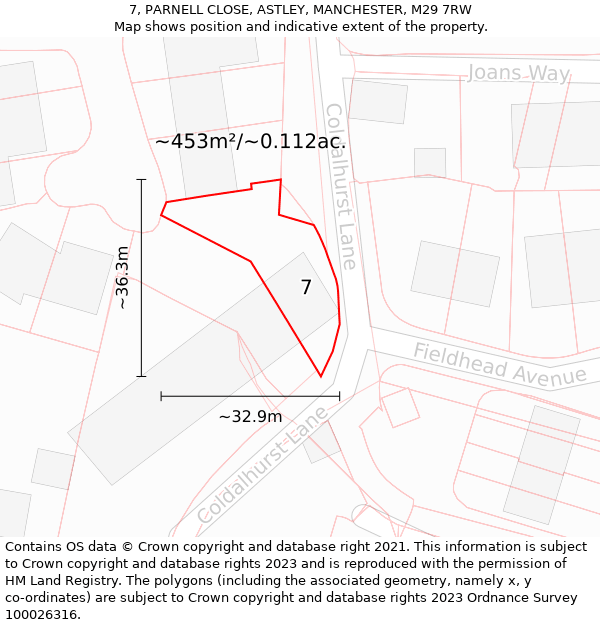 7, PARNELL CLOSE, ASTLEY, MANCHESTER, M29 7RW: Plot and title map