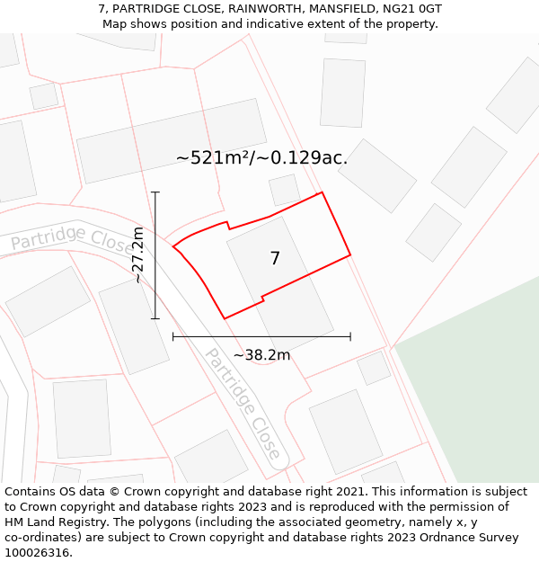 7, PARTRIDGE CLOSE, RAINWORTH, MANSFIELD, NG21 0GT: Plot and title map