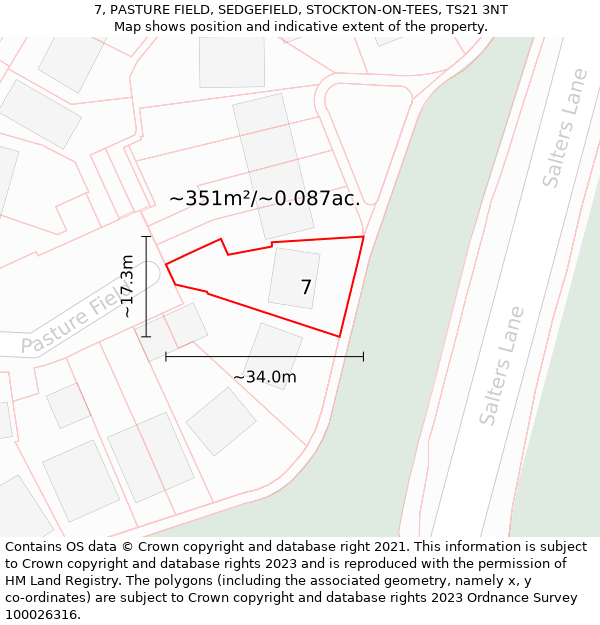 7, PASTURE FIELD, SEDGEFIELD, STOCKTON-ON-TEES, TS21 3NT: Plot and title map