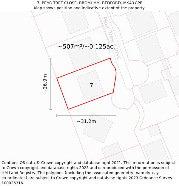 7, PEAR TREE CLOSE, BROMHAM, BEDFORD, MK43 8PR: Plot and title map