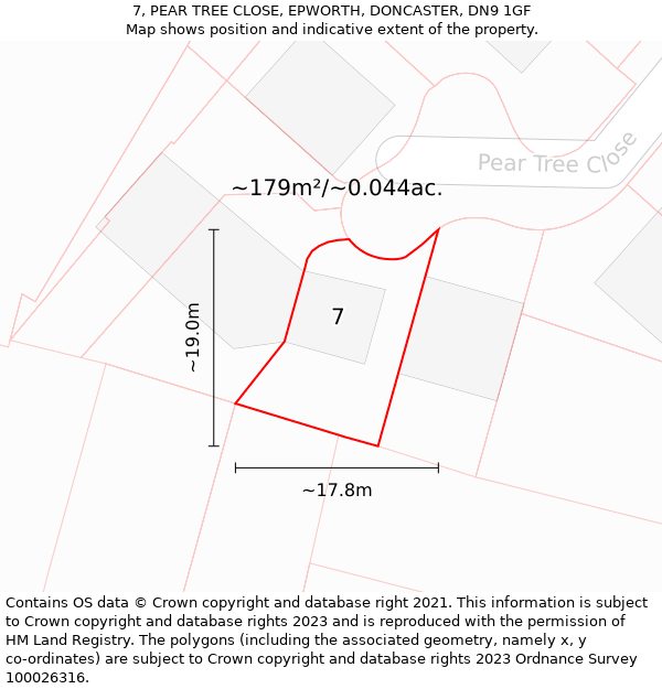 7, PEAR TREE CLOSE, EPWORTH, DONCASTER, DN9 1GF: Plot and title map