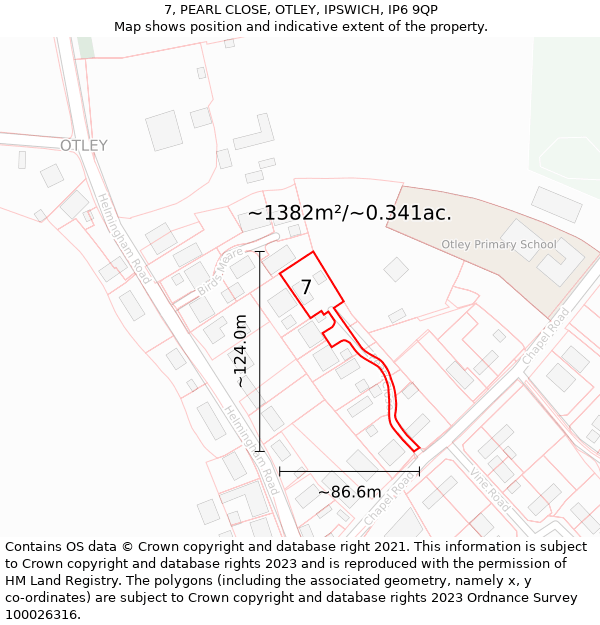 7, PEARL CLOSE, OTLEY, IPSWICH, IP6 9QP: Plot and title map