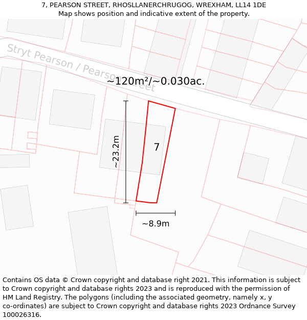 7, PEARSON STREET, RHOSLLANERCHRUGOG, WREXHAM, LL14 1DE: Plot and title map