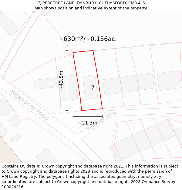 7, PEARTREE LANE, DANBURY, CHELMSFORD, CM3 4LS: Plot and title map