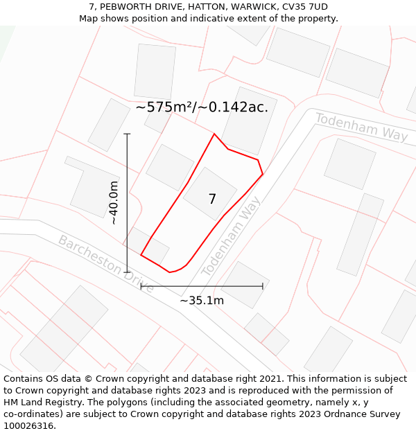 7, PEBWORTH DRIVE, HATTON, WARWICK, CV35 7UD: Plot and title map