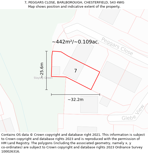 7, PEGGARS CLOSE, BARLBOROUGH, CHESTERFIELD, S43 4WG: Plot and title map