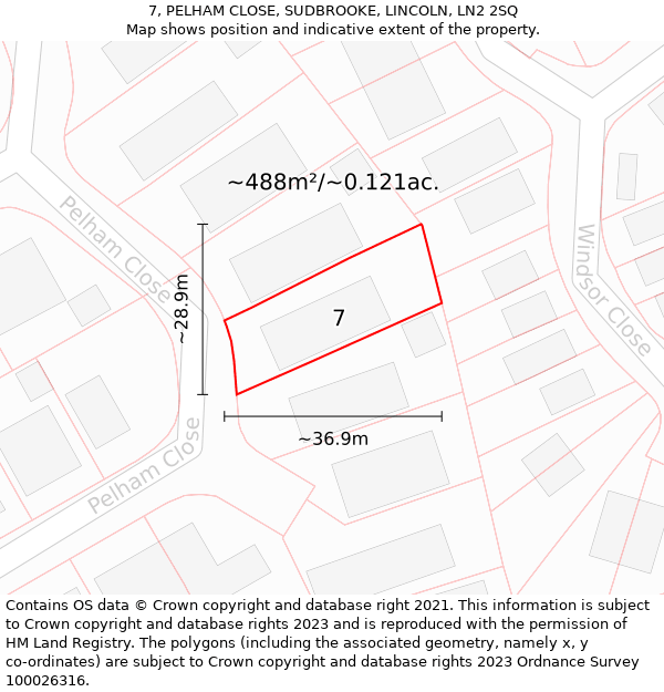 7, PELHAM CLOSE, SUDBROOKE, LINCOLN, LN2 2SQ: Plot and title map