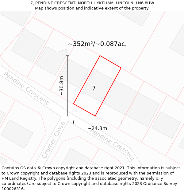 7, PENDINE CRESCENT, NORTH HYKEHAM, LINCOLN, LN6 8UW: Plot and title map