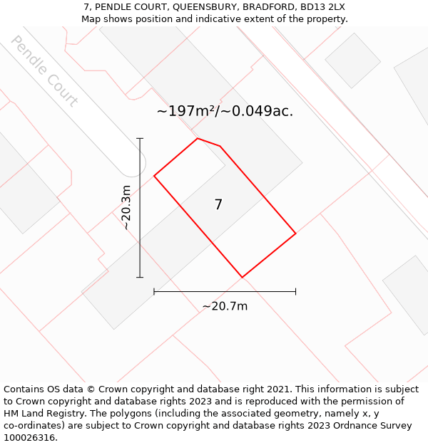 7, PENDLE COURT, QUEENSBURY, BRADFORD, BD13 2LX: Plot and title map