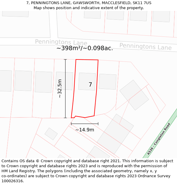 7, PENNINGTONS LANE, GAWSWORTH, MACCLESFIELD, SK11 7US: Plot and title map