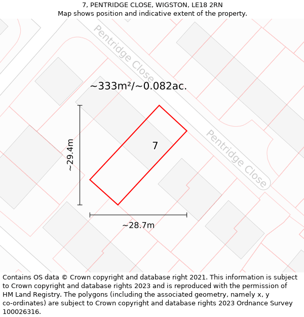 7, PENTRIDGE CLOSE, WIGSTON, LE18 2RN: Plot and title map