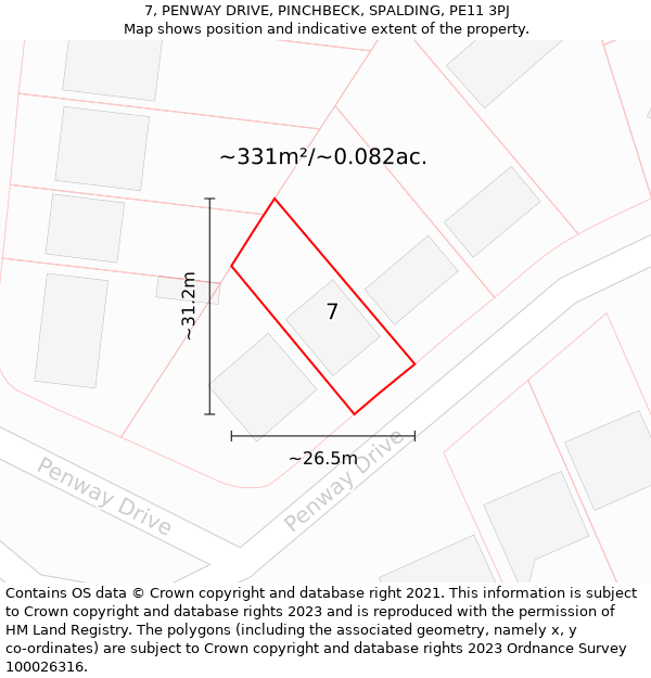 7, PENWAY DRIVE, PINCHBECK, SPALDING, PE11 3PJ: Plot and title map