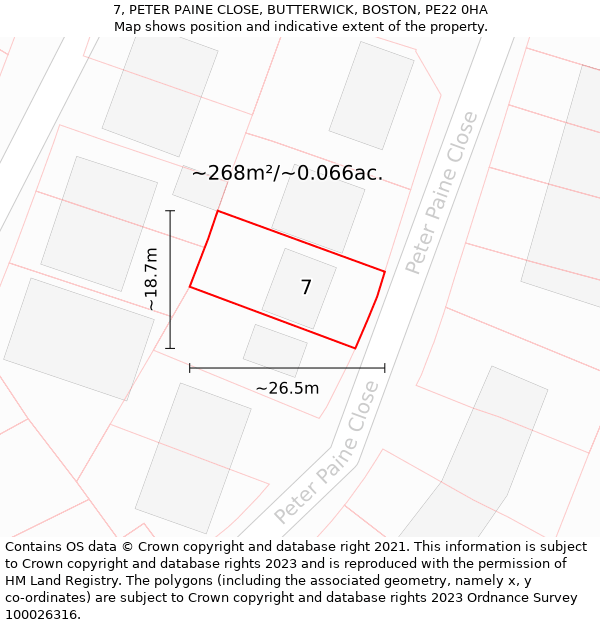 7, PETER PAINE CLOSE, BUTTERWICK, BOSTON, PE22 0HA: Plot and title map