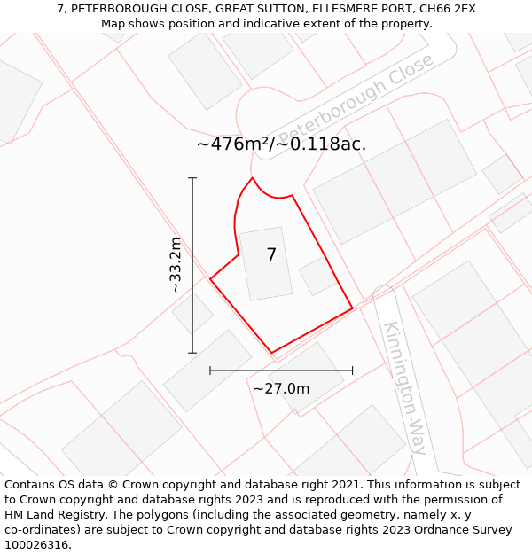 7, PETERBOROUGH CLOSE, GREAT SUTTON, ELLESMERE PORT, CH66 2EX: Plot and title map