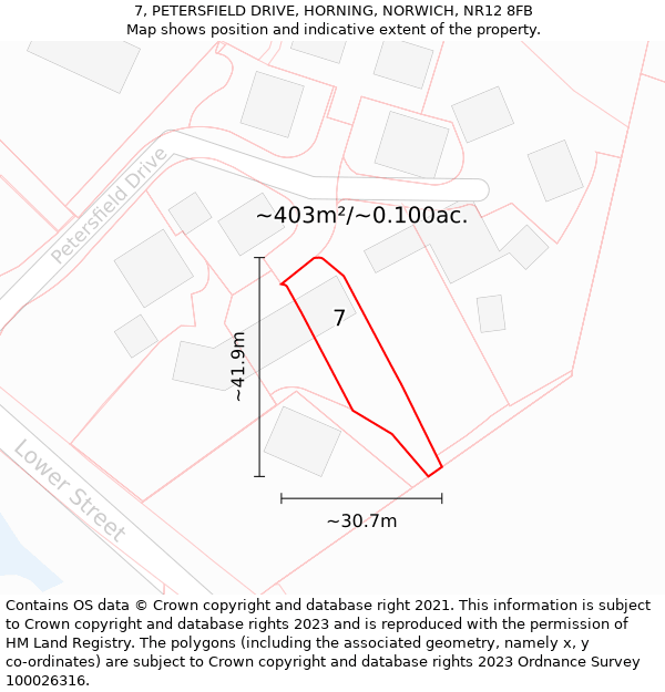 7, PETERSFIELD DRIVE, HORNING, NORWICH, NR12 8FB: Plot and title map