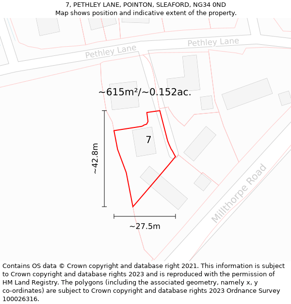 7, PETHLEY LANE, POINTON, SLEAFORD, NG34 0ND: Plot and title map