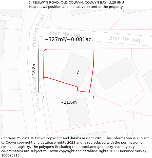 7, PEULWYS ROAD, OLD COLWYN, COLWYN BAY, LL29 9NU: Plot and title map