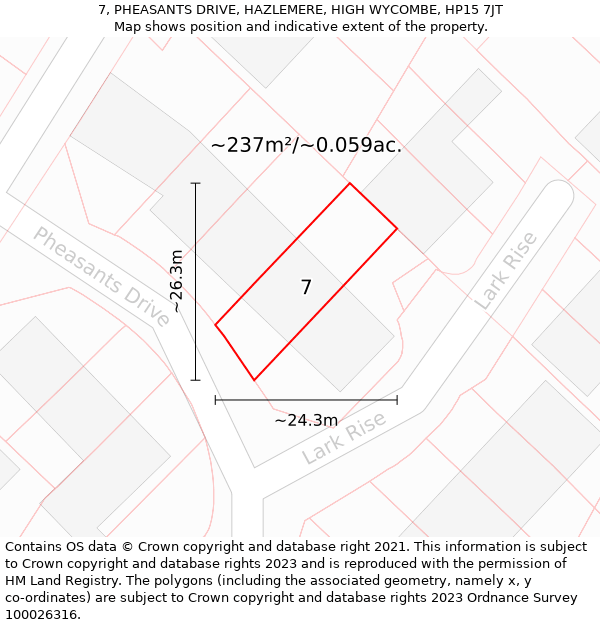 7, PHEASANTS DRIVE, HAZLEMERE, HIGH WYCOMBE, HP15 7JT: Plot and title map