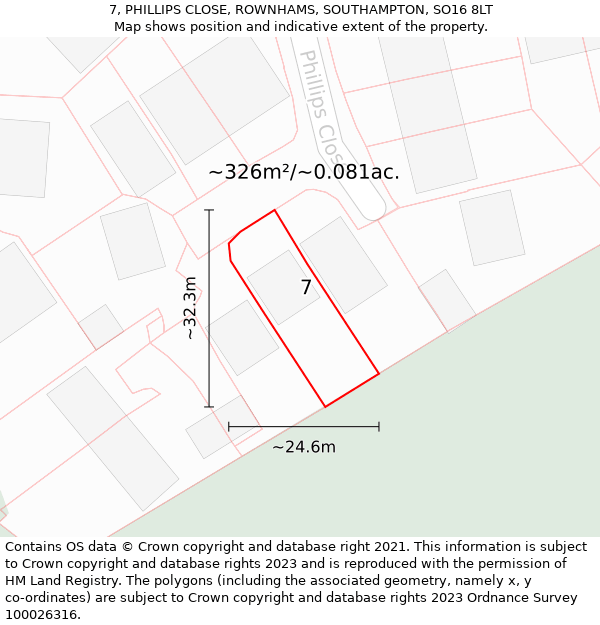 7, PHILLIPS CLOSE, ROWNHAMS, SOUTHAMPTON, SO16 8LT: Plot and title map