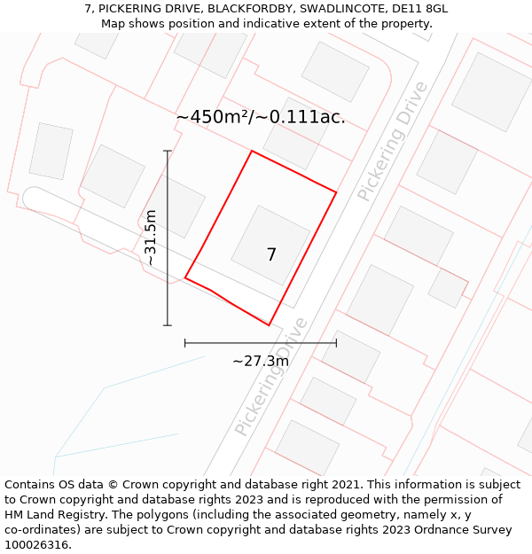 7, PICKERING DRIVE, BLACKFORDBY, SWADLINCOTE, DE11 8GL: Plot and title map