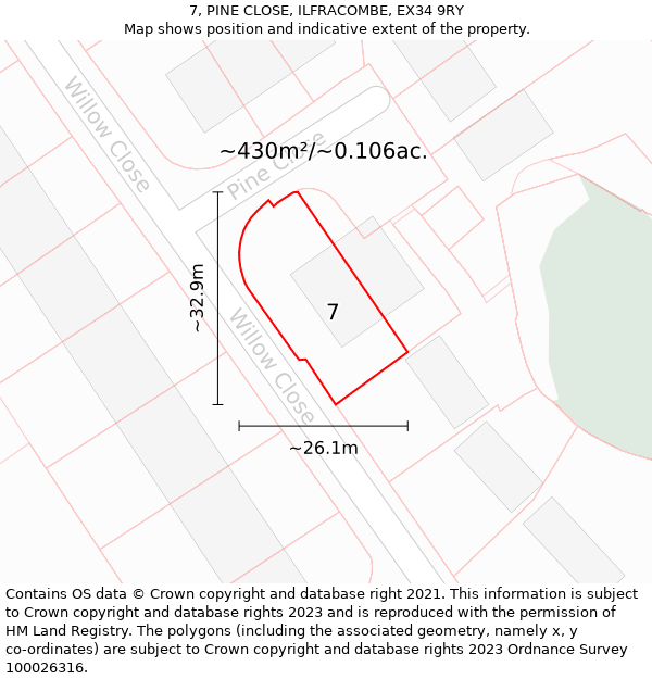 7, PINE CLOSE, ILFRACOMBE, EX34 9RY: Plot and title map