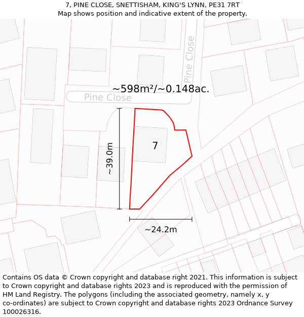7, PINE CLOSE, SNETTISHAM, KING'S LYNN, PE31 7RT: Plot and title map
