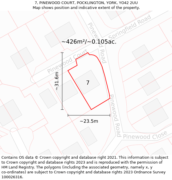 7, PINEWOOD COURT, POCKLINGTON, YORK, YO42 2UU: Plot and title map