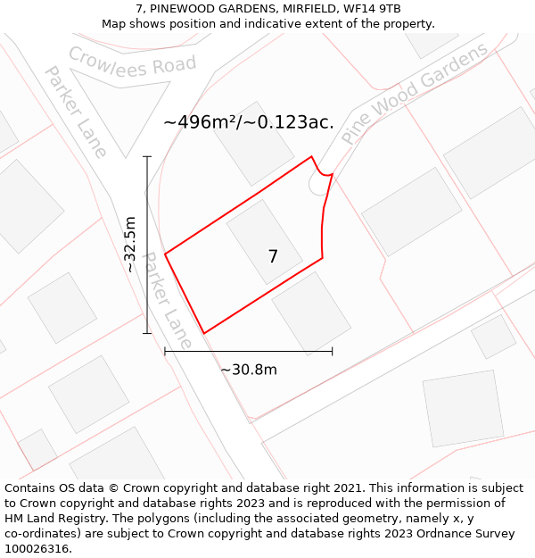 7, PINEWOOD GARDENS, MIRFIELD, WF14 9TB: Plot and title map