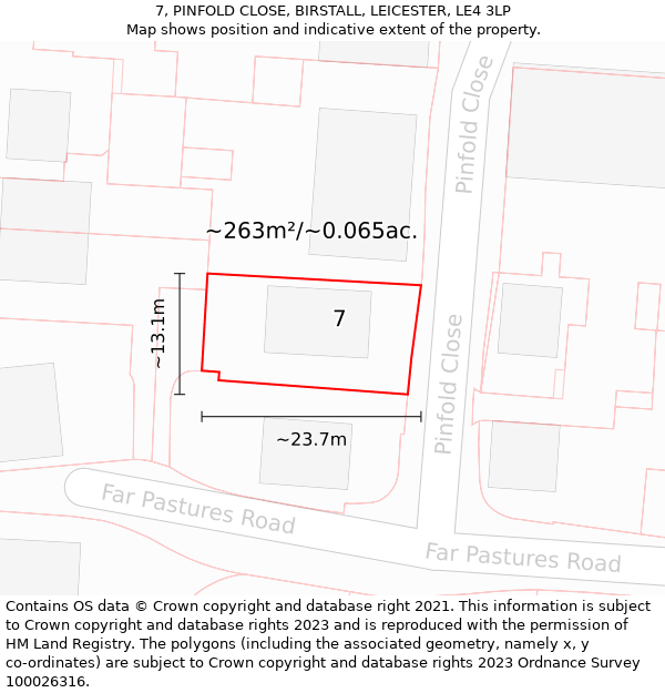 7, PINFOLD CLOSE, BIRSTALL, LEICESTER, LE4 3LP: Plot and title map