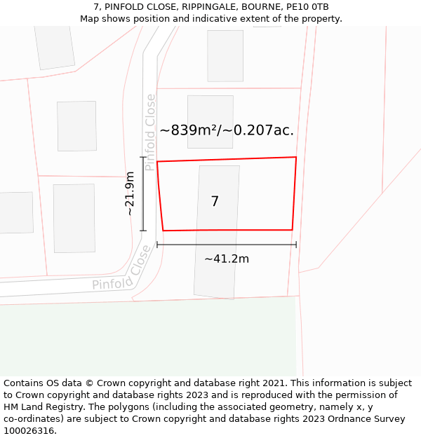 7, PINFOLD CLOSE, RIPPINGALE, BOURNE, PE10 0TB: Plot and title map