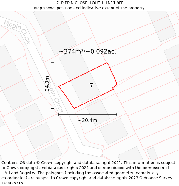 7, PIPPIN CLOSE, LOUTH, LN11 9FF: Plot and title map