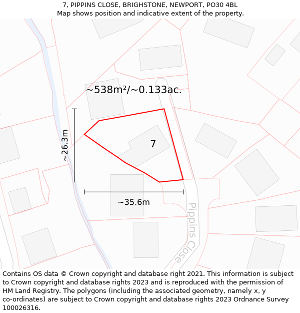 7, PIPPINS CLOSE, BRIGHSTONE, NEWPORT, PO30 4BL: Plot and title map