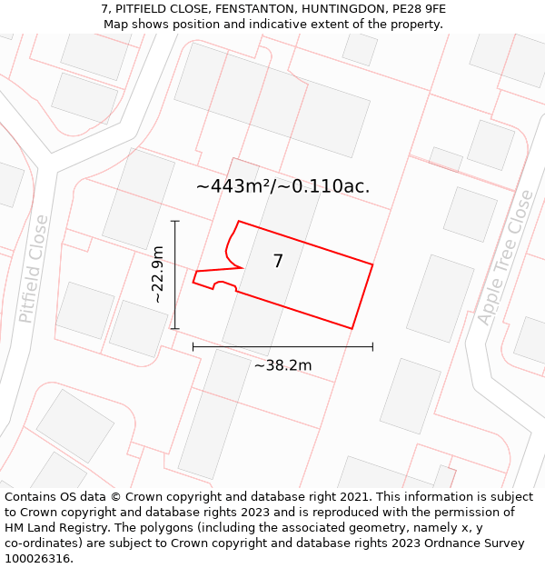 7, PITFIELD CLOSE, FENSTANTON, HUNTINGDON, PE28 9FE: Plot and title map