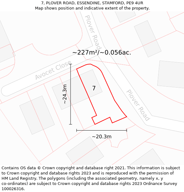 7, PLOVER ROAD, ESSENDINE, STAMFORD, PE9 4UR: Plot and title map