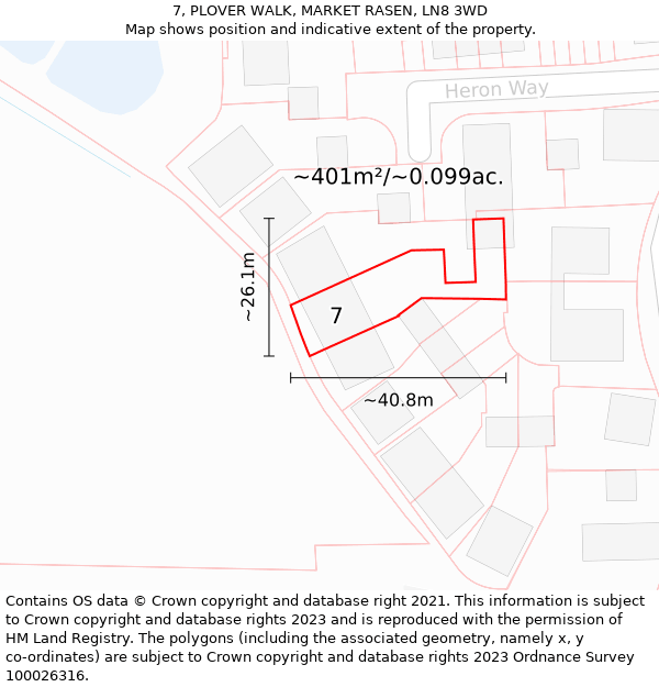 7, PLOVER WALK, MARKET RASEN, LN8 3WD: Plot and title map