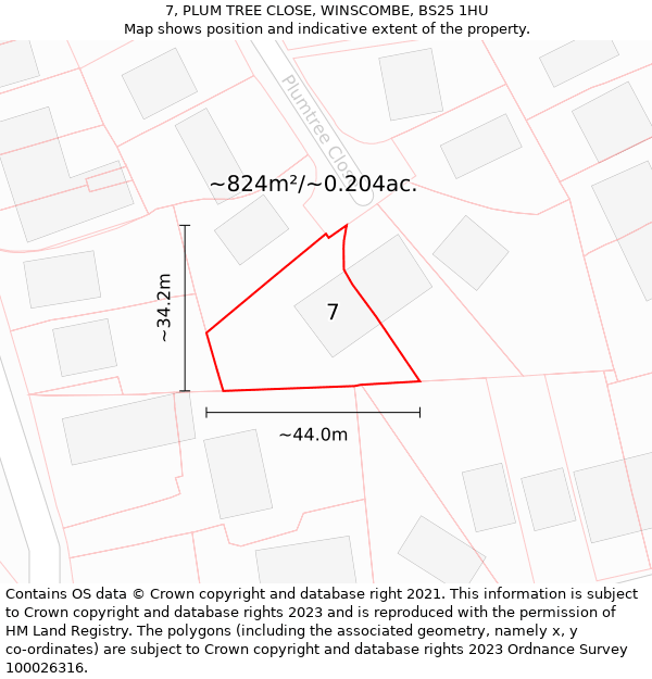 7, PLUM TREE CLOSE, WINSCOMBE, BS25 1HU: Plot and title map