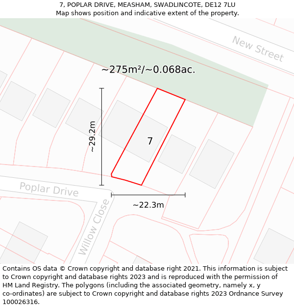 7, POPLAR DRIVE, MEASHAM, SWADLINCOTE, DE12 7LU: Plot and title map